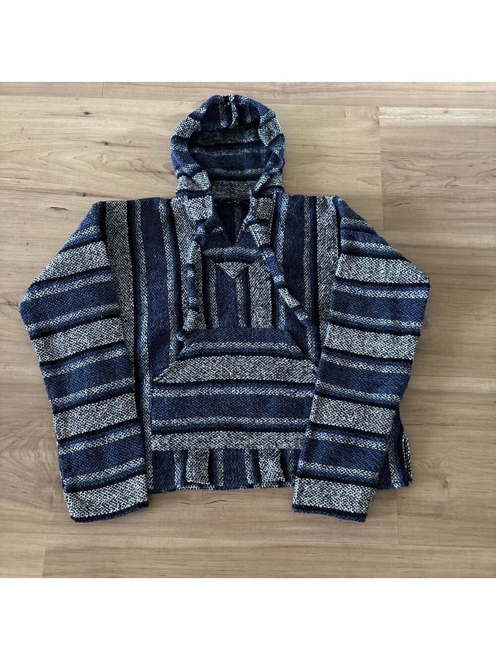 Vintage Mexican Baja Hoodie Pullover Blue White Striped Drug Rug Poncho Size S